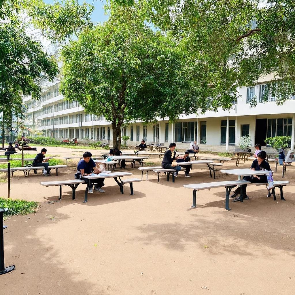 Khu vực sinh hoạt chung hoặc học tập ngoài trời tại khuôn viên Ký túc xá Đại học Giao thông Vận tải D3 Gò Vấp